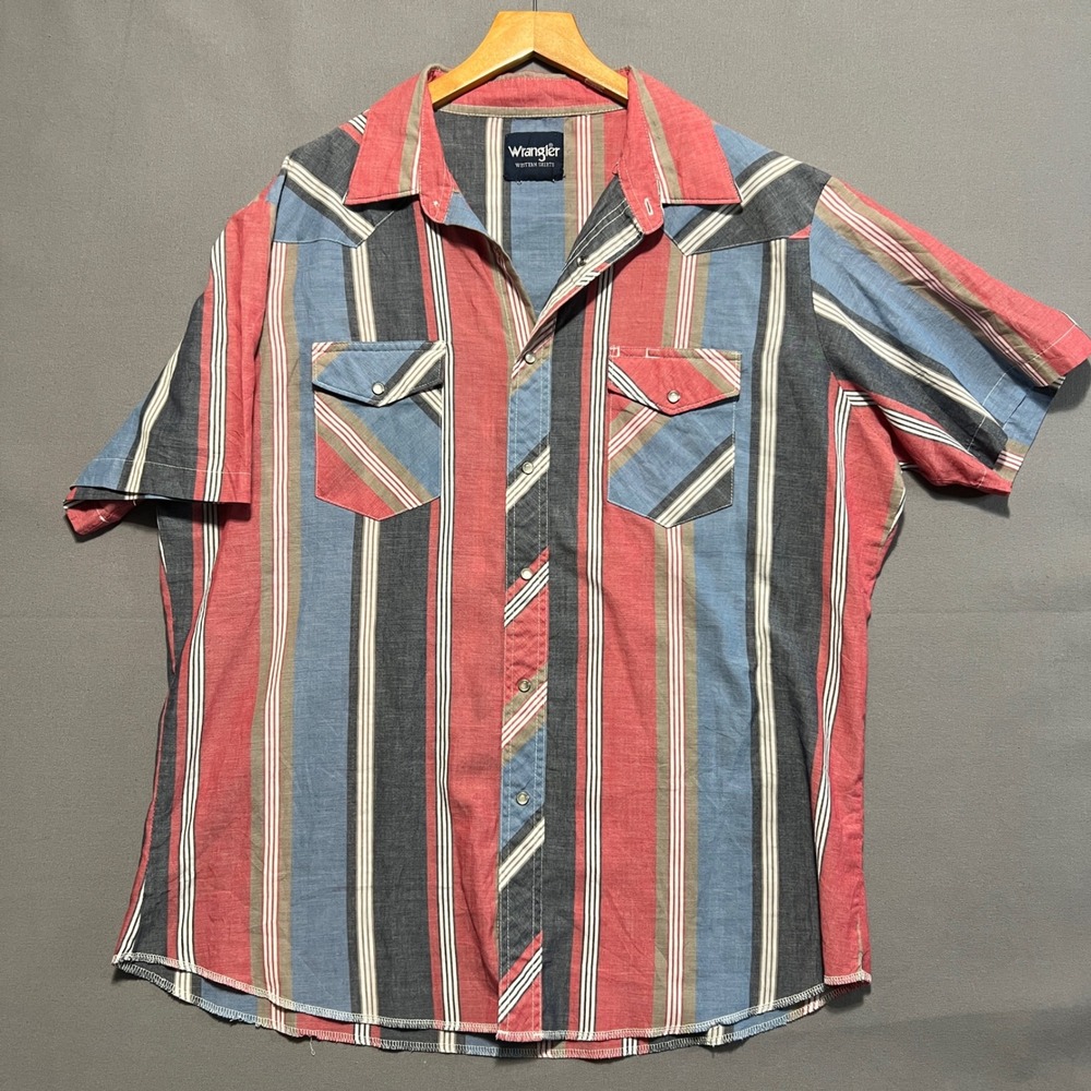Wrangler Western Mens Short Sleeve Pearl Snap Shirt Red Blue Striped 2XL 26x32